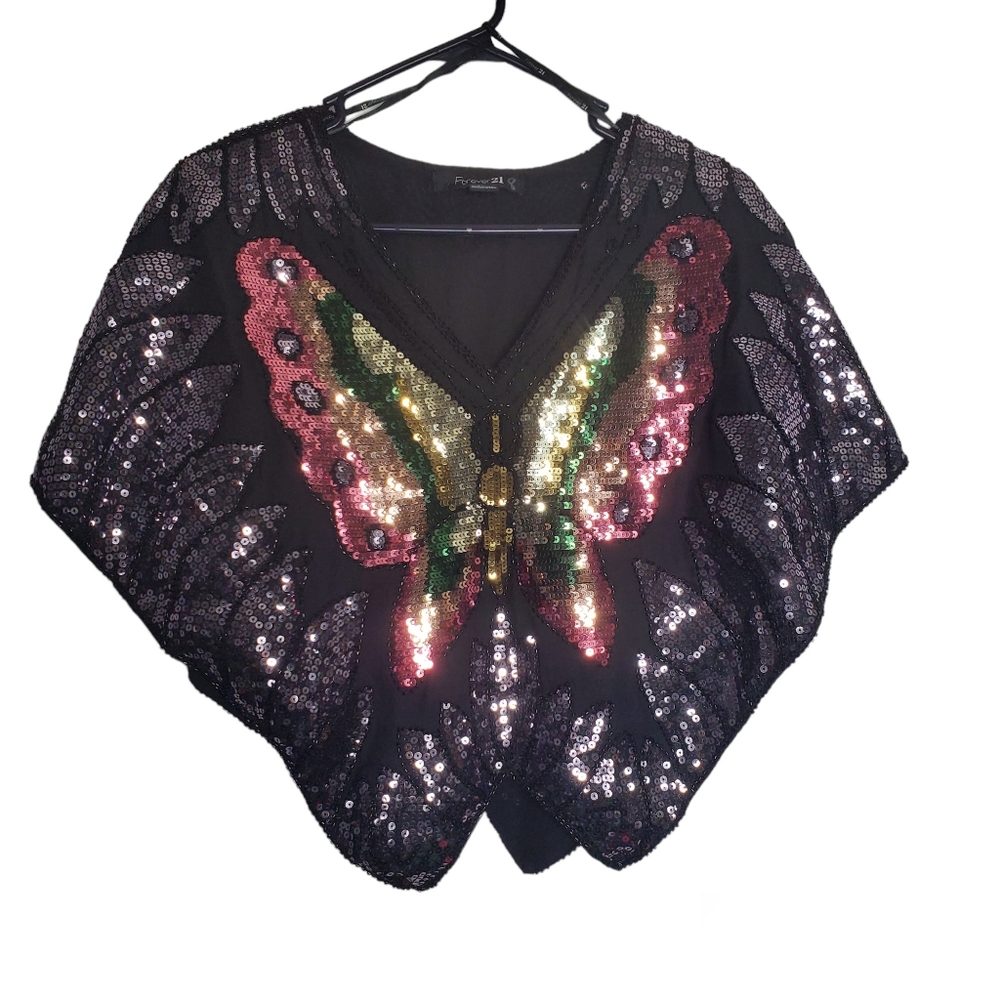 Forever 21 Sequin Beaded Butteryfly Cape Blouse